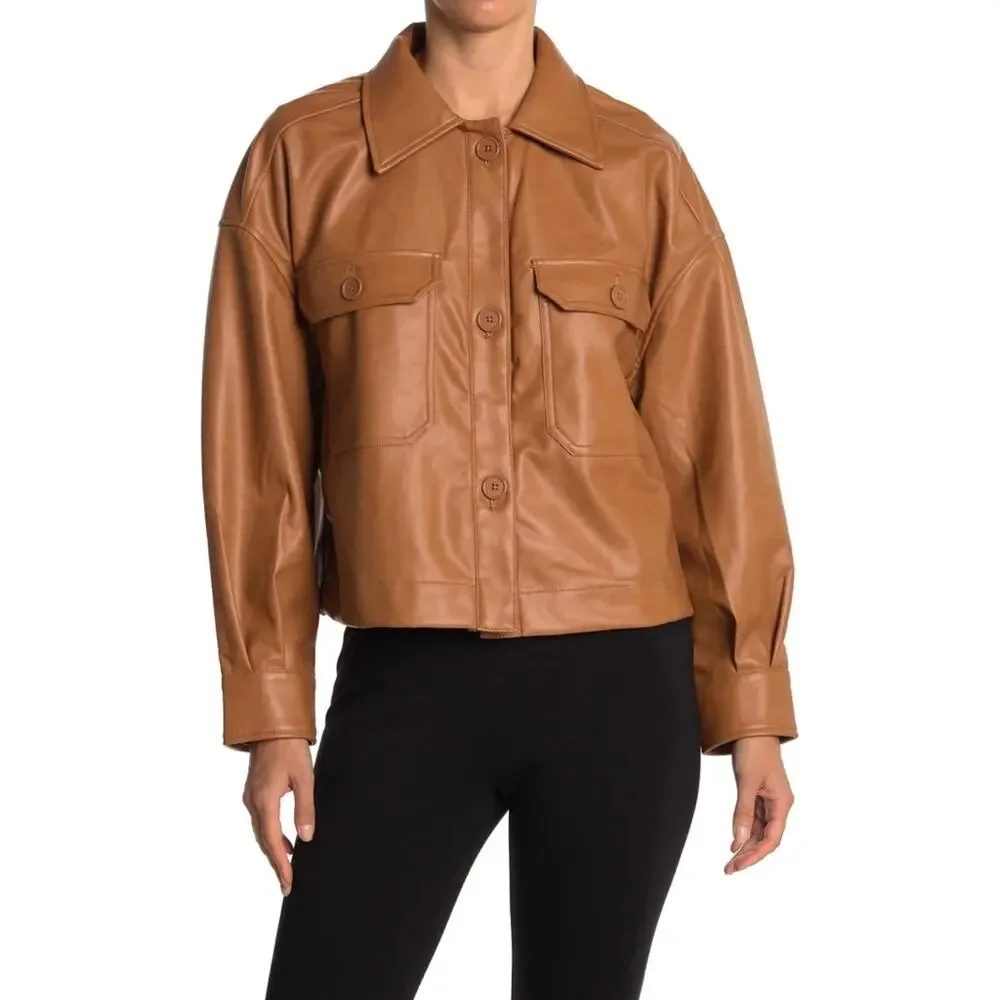 New Avec Les Filles Faux Leather Shacket in Cognac Women's Size L - Picture 1 of 8